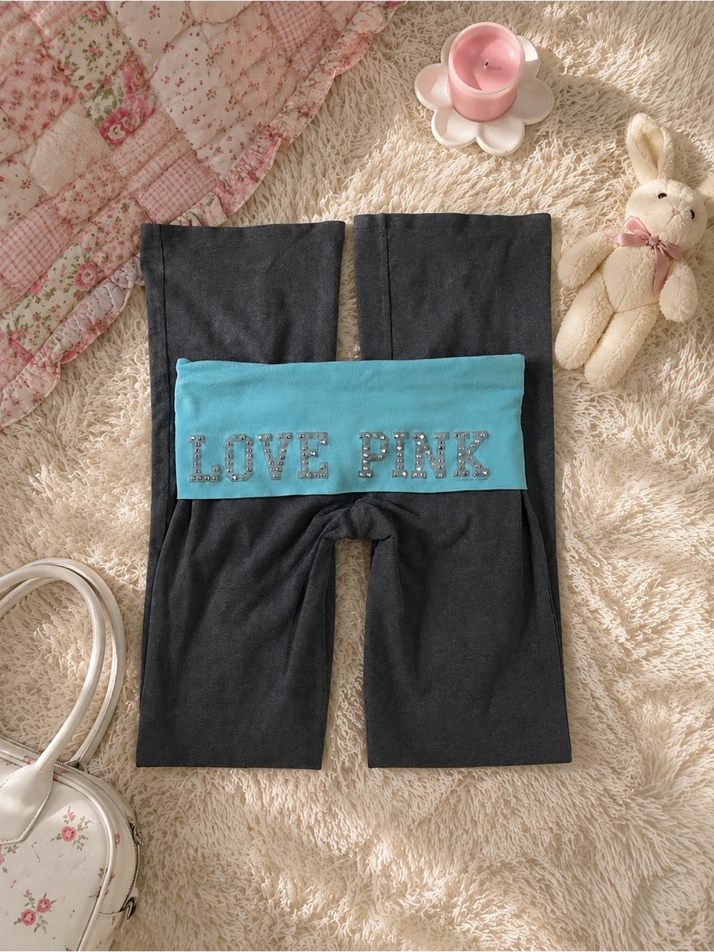VS PINK Fold Over Flare Yoga Pants XS Rhinestone Y2K